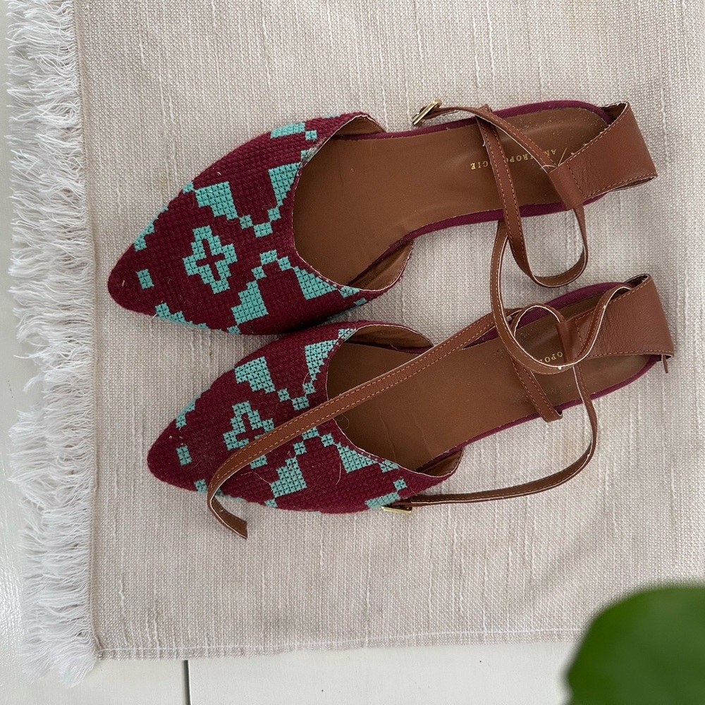 Anthropologie Aqua Blue and Red Embroidered Flats